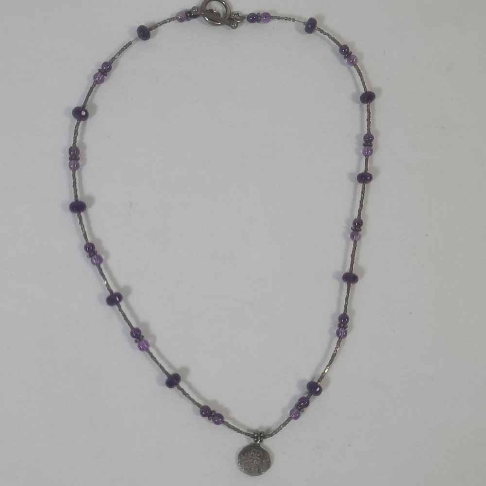 925 Sterling Silver Amethyst Beaded Purple Pendant Necklace